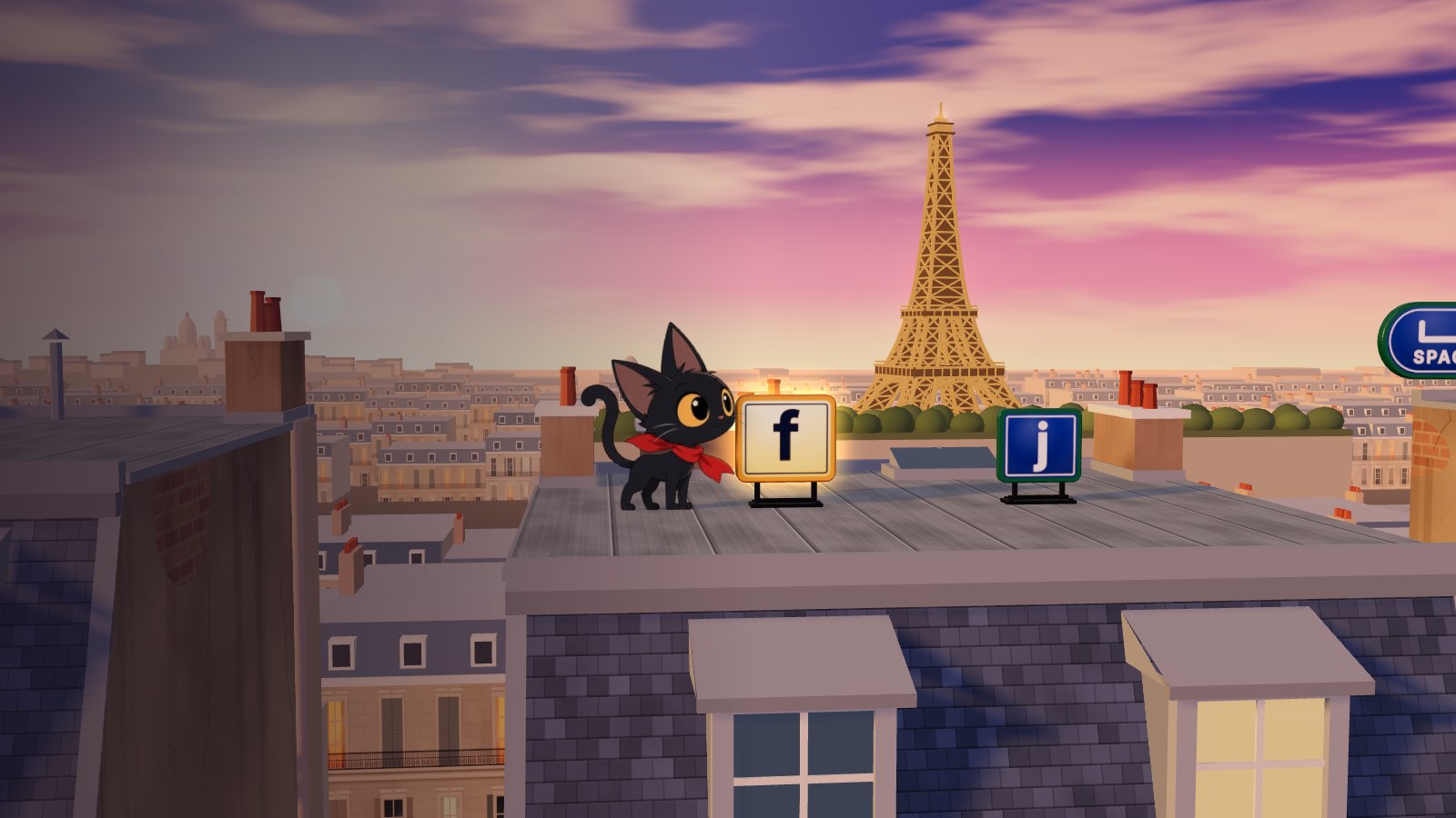 Fly, Neo, Fly! A black kitten in a red scarf on a Paris rooftop at sunset, the Eiffel Tower behind.