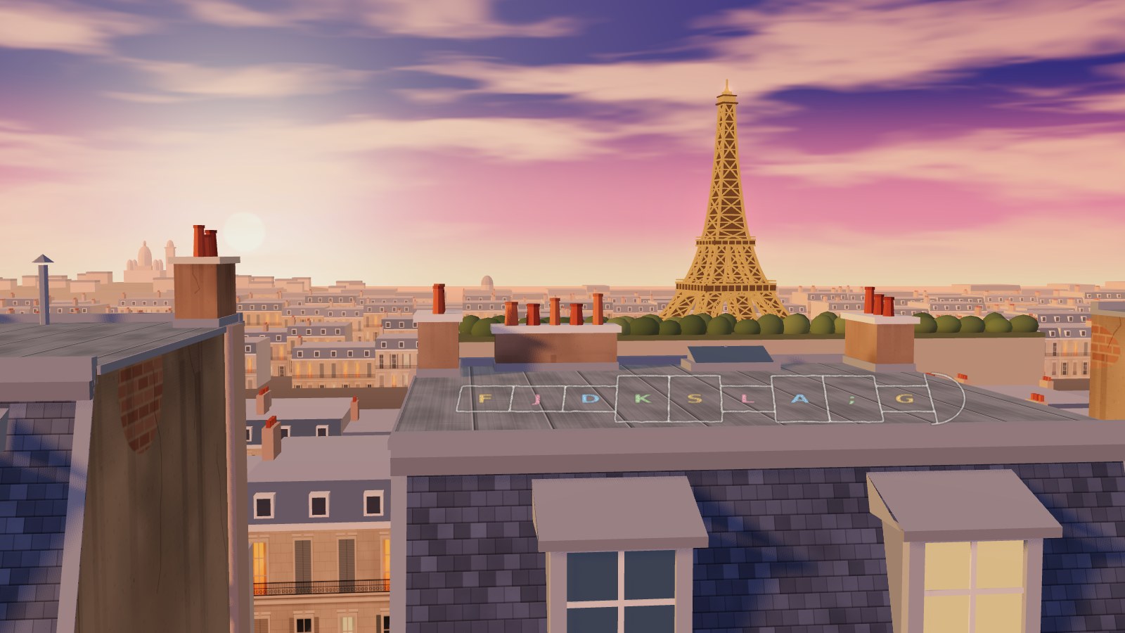 A Paris rooftop at sunset with a chalk hopscotch drawn on it, the Eiffel Tower behind. A black kitten in a red scarf plays hopscotch.